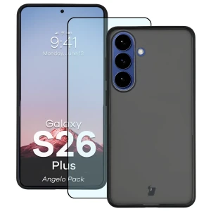 Etui + szkło hartowane Bizon Angelo Pack do Galaxy S26 Plus, przydymione z czarną ramką