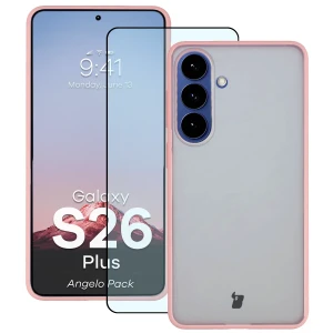 Etui + szkło hartowane Bizon Angelo Pack do Galaxy S26 Plus, półprzezroczyste z jasnoróżową ramką