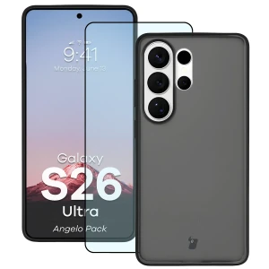 Etui + szkło hartowane Bizon Angelo Pack do Galaxy S26 Ultra, przydymione z czarną ramką