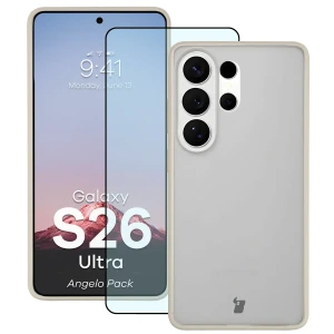 Etui + szkło hartowane Bizon Angelo Pack do Galaxy S26 Ultra, półprzezroczyste z beżową ramką
