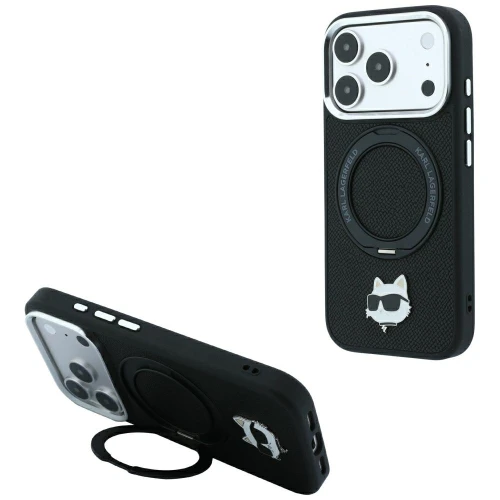 Etui Karl Lagerfeld Ring Stand 360 Choupette Head Pin do iPhone 18 Pro / 17 Pro do MagSafe, czarne
