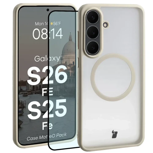 Etui z pierścieniem magnetycznym + szkło hartowane Bizon MatteO Pack do Galaxy S26 FE / S25 FE, przydymione-beżowe (1/9)
