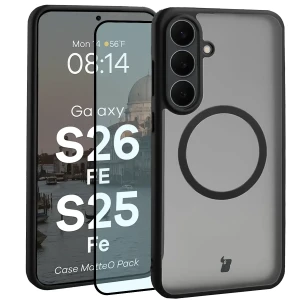 Etui z pierścieniem magnetycznym + szkło hartowane Bizon MatteO Pack do Galaxy S26 FE / S25 FE, przydymione-czarne