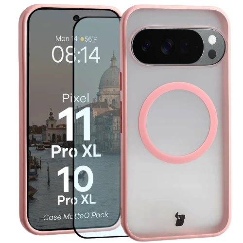 Etui z pierścieniem magnetycznym + szkło hartowane Bizon MatteO Pack do Google Pixel 11 Pro XL / 10 Pro XL, przydymione-jasnoróżowe (1/9)