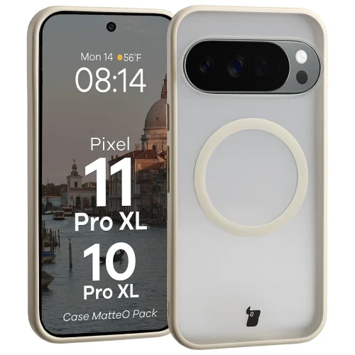 Etui z pierścieniem magnetycznym + szkło hartowane Bizon MatteO Pack do Google Pixel 11 Pro XL / 10 Pro XL, przydymione-beżowe (3/9)