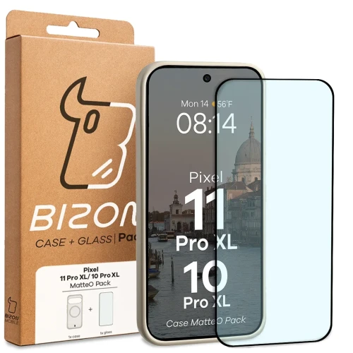 Etui z pierścieniem magnetycznym + szkło hartowane Bizon MatteO Pack do Google Pixel 11 Pro XL / 10 Pro XL, przydymione-beżowe (9/9)