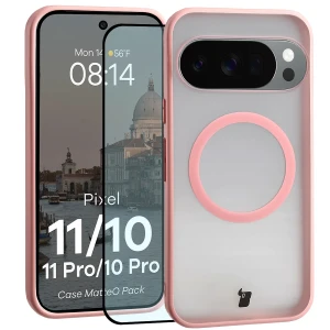 Etui z pierścieniem magnetycznym + szkło hartowane Bizon MatteO Pack do Google Pixel 11 / 11 Pro / 10 / 10 Pro, przydymione-jasnoróżowe