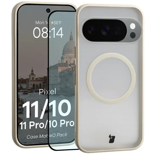 Etui z pierścieniem magnetycznym + szkło hartowane Bizon MatteO Pack do Google Pixel 11 / 11 Pro / 10 / 10 Pro, przydymione-beżowe (1/9)