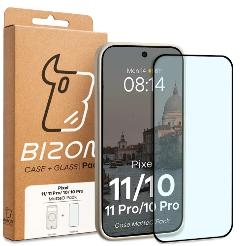 Etui z pierścieniem magnetycznym + szkło hartowane Bizon MatteO Pack do Google Pixel 11 / 11 Pro / 10 / 10 Pro, przydymione-beżowe (9/9)