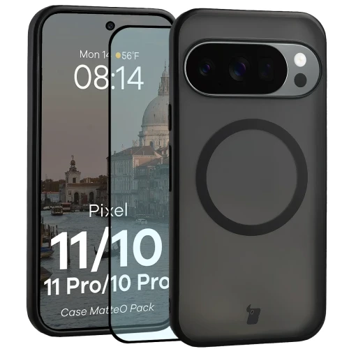 Etui z pierścieniem magnetycznym + szkło hartowane Bizon MatteO Pack do Google Pixel 11 / 11 Pro / 10 / 10 Pro, przydymione-czarne (1/9)