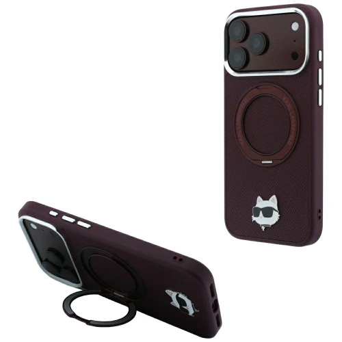 Etui Karl Lagerfeld Ring Stand 360 Choupette Head Pin do iPhone 18 Pro / 17 Pro do MagSafe, burgundowe