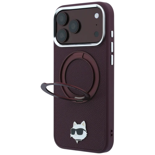 Etui Karl Lagerfeld Ring Stand 360 Choupette Head Pin do iPhone 18 Pro / 17 Pro do MagSafe, burgundowe