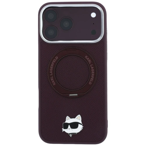 Etui Karl Lagerfeld Ring Stand 360 Choupette Head Pin do iPhone 18 Pro / 17 Pro do MagSafe, burgundowe