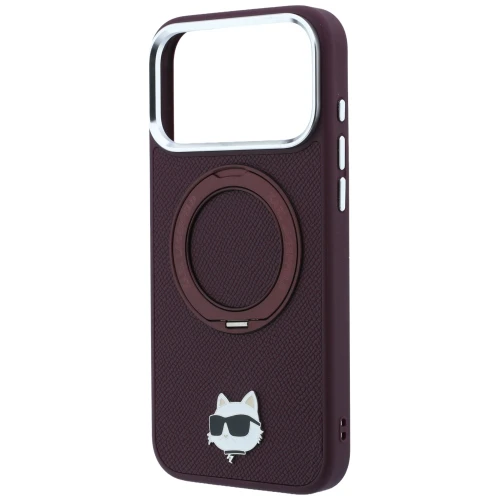 Etui Karl Lagerfeld Ring Stand 360 Choupette Head Pin do iPhone 18 Pro / 17 Pro do MagSafe, burgundowe