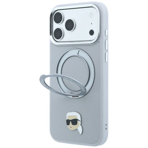 Etui Karl Lagerfeld Ring Stand 360 Karl Head Pin do iPhone 18 Pro / 17 Pro do MagSafe, szare