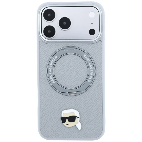 Etui Karl Lagerfeld Ring Stand 360 Karl Head Pin do iPhone 18 Pro / 17 Pro do MagSafe, szare