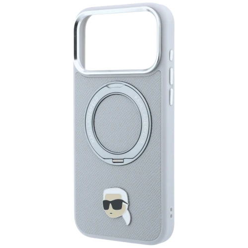 Etui Karl Lagerfeld Ring Stand 360 Karl Head Pin do iPhone 18 Pro / 17 Pro do MagSafe, szare