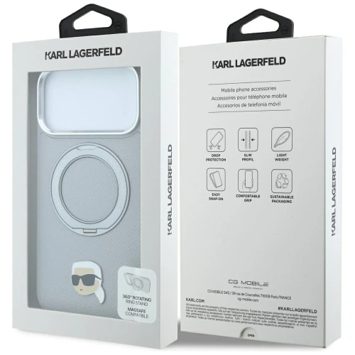 Etui Karl Lagerfeld Ring Stand 360 Karl Head Pin do iPhone 18 Pro / 17 Pro do MagSafe, szare