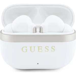 Bezprzewodowe słuchawki douszne Guess TWS Glossy Gold LinePrinted Classic Logo ze stacją ładującą, Bluetooth 6.0, białe