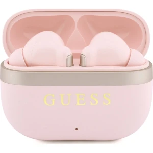 Bezprzewodowe słuchawki douszne Guess TWS Glossy Gold LinePrinted Classic Logo ze stacją ładującą, Bluetooth 6.0, różowe
