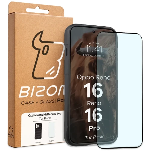 Pancerne etui + szkło hartowane Bizon Tur Pack do Oppo Reno16 / Reno16 Pro 5G, czarne (10/10)