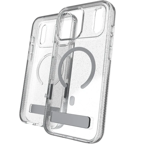 Etui ZAGG Milan Snap Kickstand do MagSafe do iPhone 18 Pro Max / 17 Pro Max, przezroczysto-srebrne z brokatem (1/7)