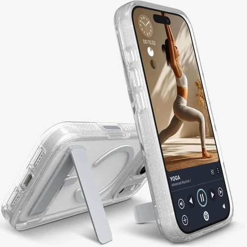 Etui ZAGG Milan Snap Kickstand do MagSafe do iPhone 18 Pro Max / 17 Pro Max, przezroczysto-srebrne z brokatem (6/7)
