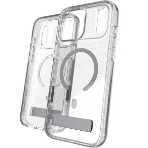 Etui ZAGG Milan Snap Kickstand do MagSafe do iPhone 18 Pro / 17 Pro, przezroczysto-srebrne z brokatem