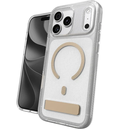 Etui ZAGG Milan Snap Kickstand do MagSafe do iPhone 18 Pro Max / 17 Pro Max, przezroczysto-złote z brokatem (1/6)