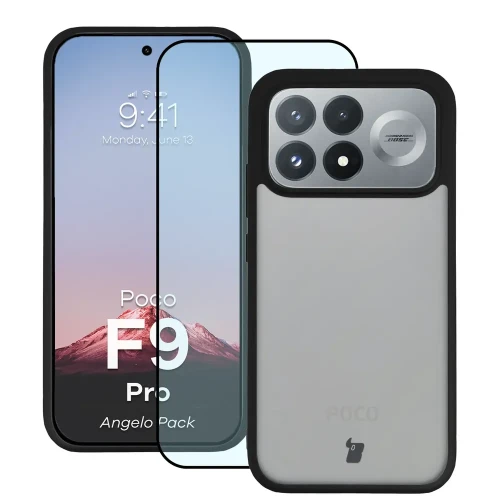 Etui + szkło hartowane Bizon Angelo Pack do Xiaomi POCO F9 Pro, przydymione z czarną ramką (1/8)