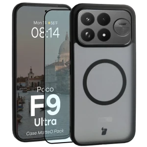 Etui z pierścieniem magnetycznym + szkło hartowane Bizon MatteO Pack do Xiaomi POCO F9 Ultra, przydymione-czarne