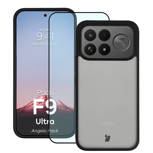 Etui + szkło hartowane Bizon Angelo Pack do Xiaomi POCO F9 Ultra, przydymione z czarną ramką (1/8)