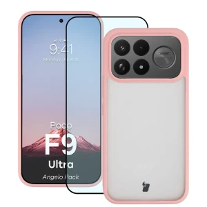 Etui + szkło hartowane Bizon Angelo Pack do Xiaomi POCO F9 Ultra, półprzezroczyste z jasnoróżową ramką