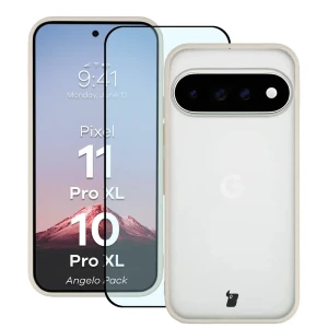 Etui + szkło hartowane Bizon Angelo Pack do Google Pixel 11 Pro XL / 10 Pro XL, półprzezroczyste z beżową ramką