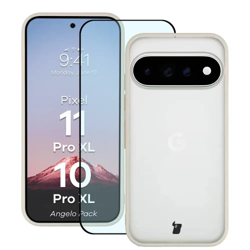 Etui + szkło hartowane Bizon Angelo Pack do Google Pixel 11 Pro XL / 10 Pro XL, półprzezroczyste z beżową ramką (1/8)