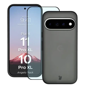 Etui + szkło hartowane Bizon Angelo Pack do Google Pixel 11 Pro XL / 10 Pro XL, przydymione z czarną ramką