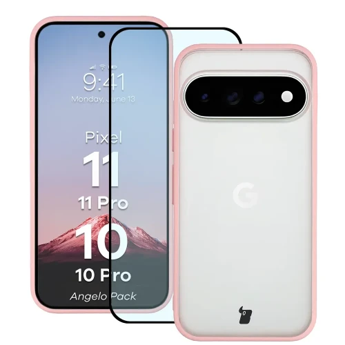 Etui + szkło hartowane Bizon Angelo Pack do Google Pixel 11 / 11 Pro / 10 / 10 Pro, półprzezroczyste z jasnoróżową ramką (1/8)