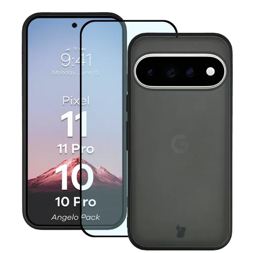 Etui + szkło hartowane Bizon Angelo Pack do Google Pixel 11 / 11 Pro / 10 / 10 Pro, przydymione z czarną ramką (1/8)