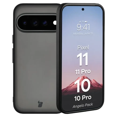 Etui + szkło hartowane Bizon Angelo Pack do Google Pixel 11 / 11 Pro / 10 / 10 Pro, przydymione z czarną ramką (3/8)