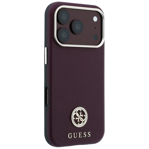 Etui Guess Grained Round Strass Logo do iPhone 18 Pro / 17 Pro do MagSafe, burgundowe