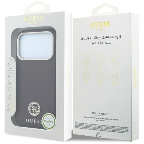 Etui Guess Grained Round Strass Logo do iPhone 18 Pro / 17 Pro do MagSafe, burgundowe