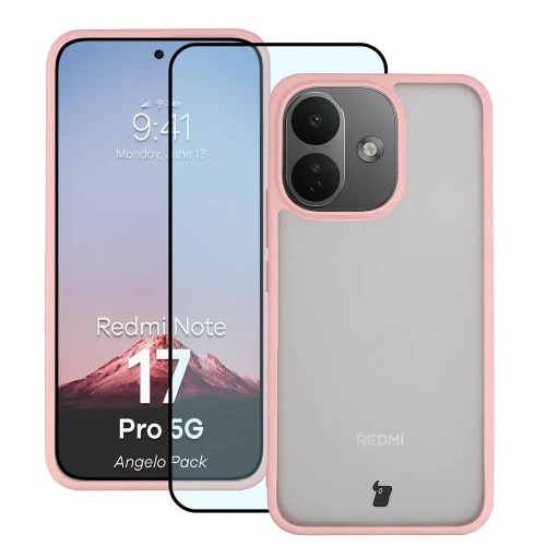 Etui + szkło hartowane Bizon Angelo Pack do Xiaomi Redmi Note 17 Pro 5G, półprzezroczyste z jasnoróżową ramką (1/7)