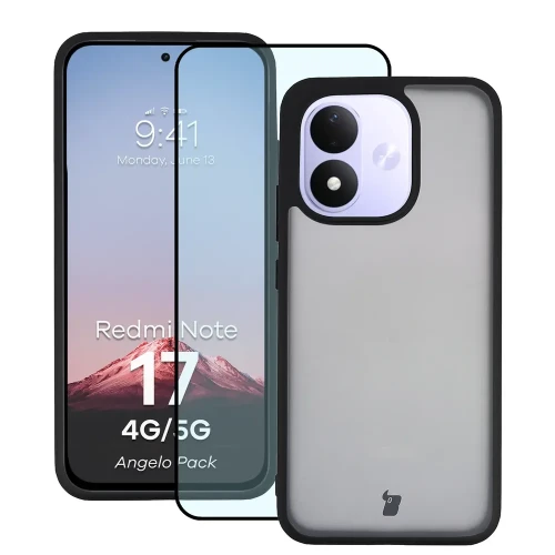Etui + szkło hartowane Bizon Angelo Pack do Xiaomi Redmi Note 17 4G/5G, przydymione z czarną ramką (1/7)