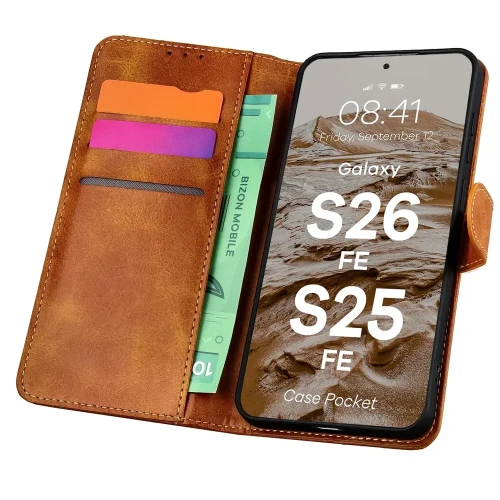 Etui z klapką Bizon Case Pocket do Galaxy S26 FE / S25 FE, brązowe (1/6)