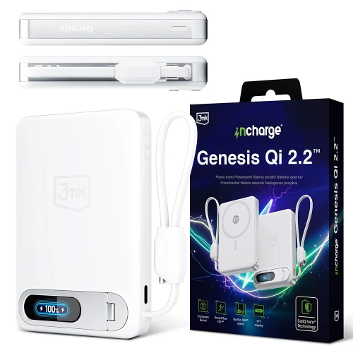 Powerbank indukcyjny 3mk incharge Genesis Qi 2.2 do MagSafe, 25W, USB-C PD 45W, 10 000mAh z wbudowanym kablem USB-C, biały (1/9)