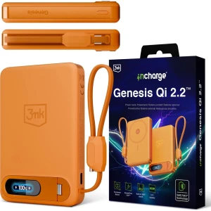 Powerbank indukcyjny 3mk incharge Genesis Qi 2.2 do MagSafe, 25W, USB-C PD 45W, 10 000mAh z wbudowanym kablem USB-C, pomarańczowy