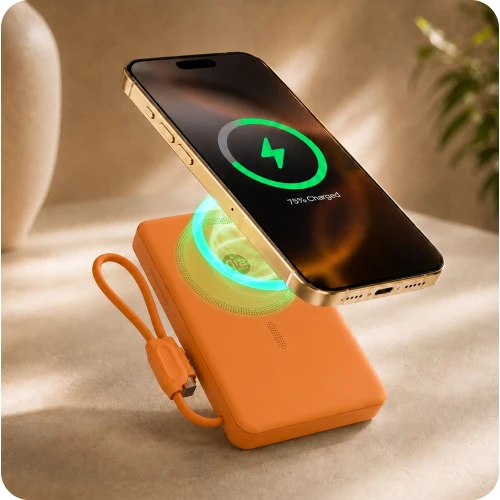 Powerbank indukcyjny 3mk incharge Genesis Qi 2.2 do MagSafe, 25W, USB-C PD 45W, 10 000mAh z wbudowanym kablem USB-C, pomarańczowy (5/8)