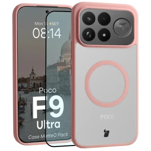 Etui z pierścieniem magnetycznym + szkło hartowane Bizon MatteO Pack do Xiaomi POCO F9 Ultra, przydymione-jasnoróżowe