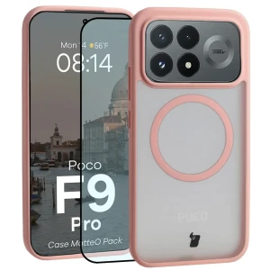 Etui z pierścieniem magnetycznym + szkło hartowane Bizon MatteO Pack do Xiaomi POCO F9 Pro, przydymione-jasnoróżowe