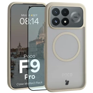 Etui z pierścieniem magnetycznym + szkło hartowane Bizon MatteO Pack do Xiaomi POCO F9 Pro, przydymione-beżowe